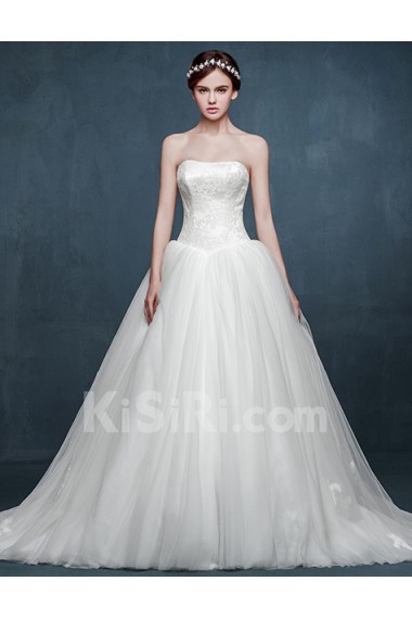 Tulle, Lace, Satin Strapless Sweep Train Sleeveless Ball Gown Dress