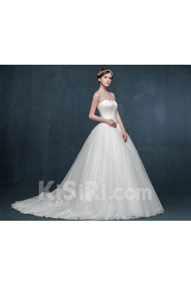 Tulle, Lace, Satin Strapless Sweep Train Sleeveless Ball Gown Dress