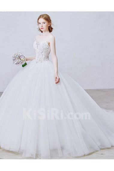 Lace, Tulle, Satin Sweetheart Sweep Train Sleeves Ball Gown Dress with Flower, Crystal, Sequins, Pearl