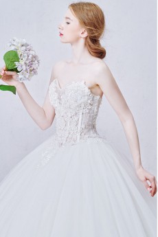 Lace, Tulle, Satin Sweetheart Sweep Train Sleeves Ball Gown Dress with Flower, Crystal, Sequins, Pearl