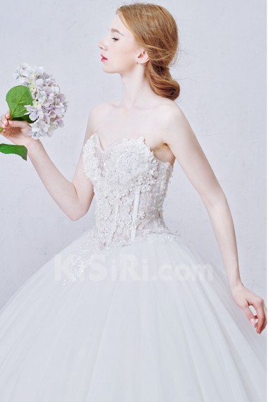 Lace, Tulle, Satin Sweetheart Sweep Train Sleeves Ball Gown Dress with Flower, Crystal, Sequins, Pearl