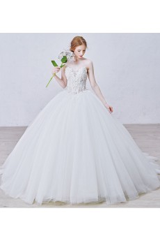 Lace, Tulle, Satin Sweetheart Sweep Train Sleeves Ball Gown Dress with Flower, Crystal, Sequins, Pearl