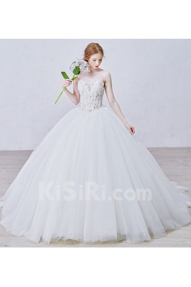 Lace, Tulle, Satin Sweetheart Sweep Train Sleeves Ball Gown Dress with Flower, Crystal, Sequins, Pearl