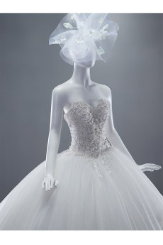 Lace, Tulle, Satin Sweetheart Sweep Train Sleeves Ball Gown Dress with Flower, Crystal, Sequins, Pearl