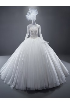 Lace, Tulle, Satin Sweetheart Sweep Train Sleeves Ball Gown Dress with Flower, Crystal, Sequins, Pearl