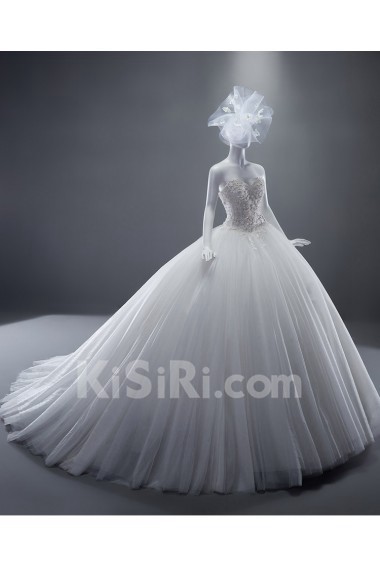 Lace, Tulle, Satin Sweetheart Sweep Train Sleeves Ball Gown Dress with Flower, Crystal, Sequins, Pearl