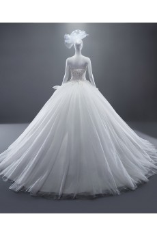 Lace, Tulle, Satin Sweetheart Sweep Train Sleeves Ball Gown Dress with Flower, Crystal, Sequins, Pearl