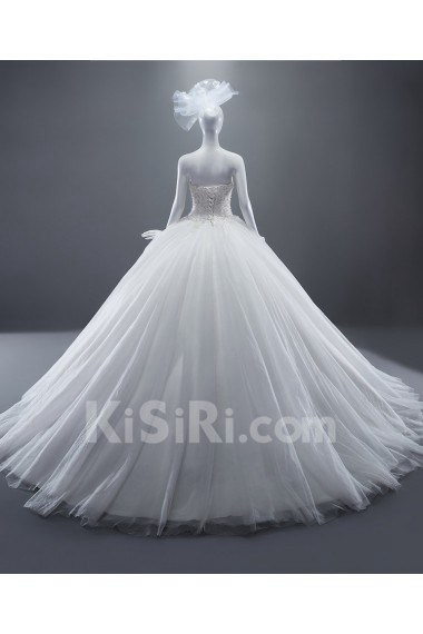 Lace, Tulle, Satin Sweetheart Sweep Train Sleeves Ball Gown Dress with Flower, Crystal, Sequins, Pearl