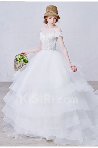 Lace, Net Off-the-Shoulder Chapel Train Ball Gown Dress with Sequins