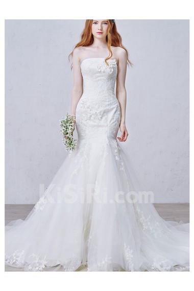 Lace, Satin Strapless Chapel Train Sleeveless Mermaid Dress with Handmade Flowers, Beads