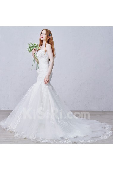 Lace, Satin Strapless Chapel Train Sleeveless Mermaid Dress with Handmade Flowers, Beads