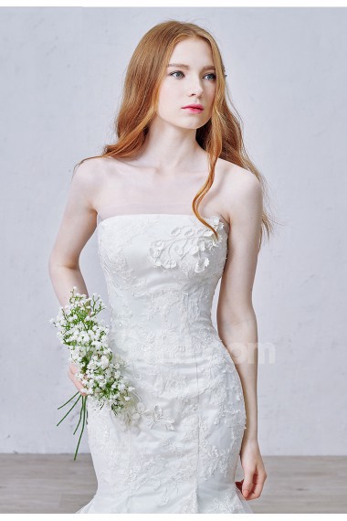 Lace, Satin Strapless Chapel Train Sleeveless Mermaid Dress with Handmade Flowers, Beads