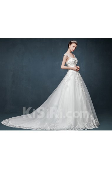 Tulle, Lace, Satin Off-the-Shoulder Chapel Train A-line Dress with Sequins, Applique