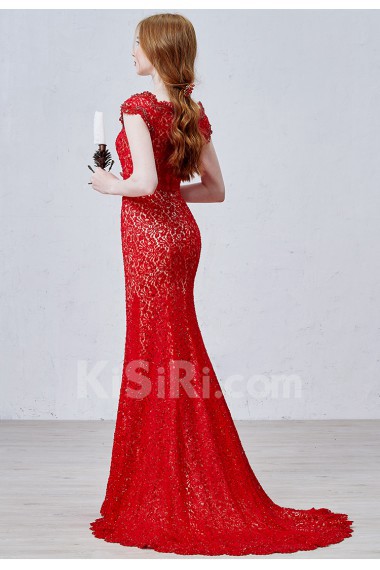 Lace, Satin Bateau Sweep Train Cap Sleeve Mermaid Dress with Rhinestone, Bow