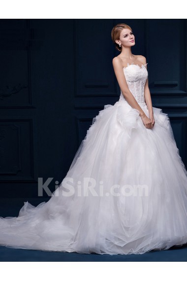 Tulle, Lace Sweetheart Chapel Train Sleeveless Ball Gown Dress with Embroidered