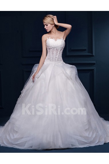 Tulle, Lace Sweetheart Chapel Train Sleeveless Ball Gown Dress with Embroidered