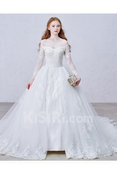 Lace, Satin, Tulle Off-the-Shoulder Chapel Train Long Sleeve Ball Gown Dress with Applique