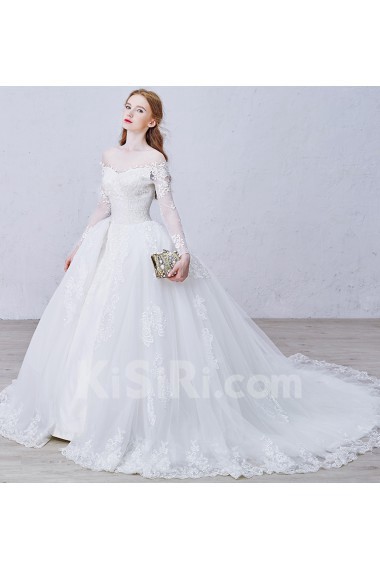 Lace, Satin, Tulle Off-the-Shoulder Chapel Train Long Sleeve Ball Gown Dress with Applique