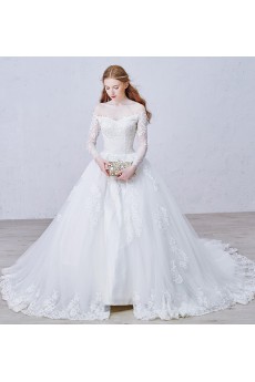 Lace, Satin, Tulle Off-the-Shoulder Chapel Train Long Sleeve Ball Gown Dress with Applique