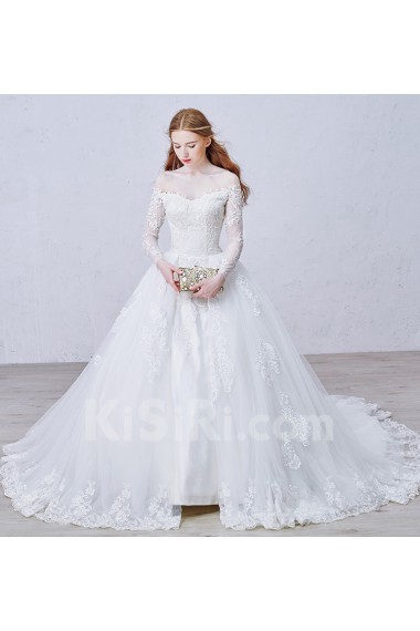 Lace, Satin, Tulle Off-the-Shoulder Chapel Train Long Sleeve Ball Gown Dress with Applique