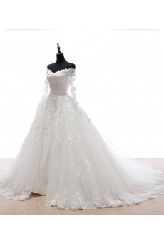 Lace, Satin, Tulle Off-the-Shoulder Chapel Train Long Sleeve Ball Gown Dress with Applique