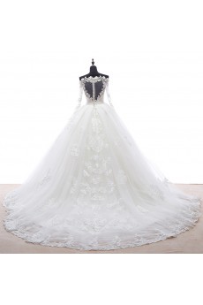 Lace, Satin, Tulle Off-the-Shoulder Chapel Train Long Sleeve Ball Gown Dress with Applique