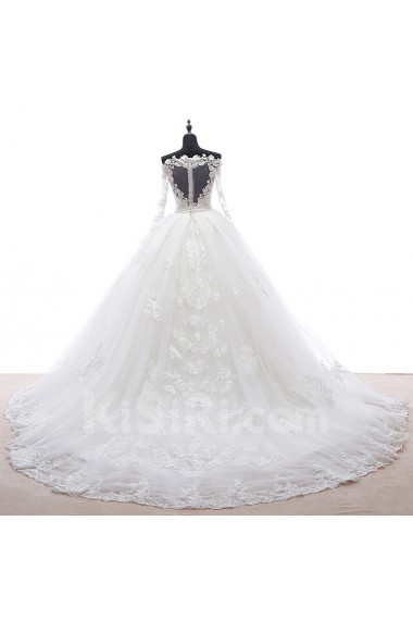 Lace, Satin, Tulle Off-the-Shoulder Chapel Train Long Sleeve Ball Gown Dress with Applique