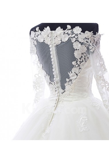 Lace, Satin, Tulle Off-the-Shoulder Chapel Train Long Sleeve Ball Gown Dress with Applique