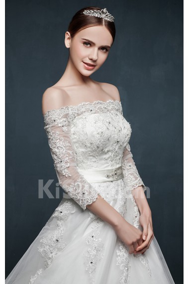 Tulle, Lace, Satin Off-the-Shoulder Sweep Train Three-quarter A-line Dress with Applique, Rhinestone, Sash