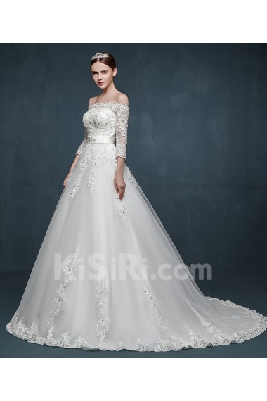 Tulle, Lace, Satin Off-the-Shoulder Sweep Train Three-quarter A-line Dress with Applique, Rhinestone, Sash