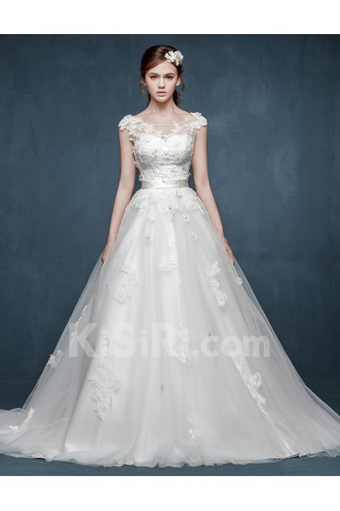 Tulle, Lace, Satin Scoop Chapel Train Cap Sleeve A-line Dress with Handmade Flowers, Sash