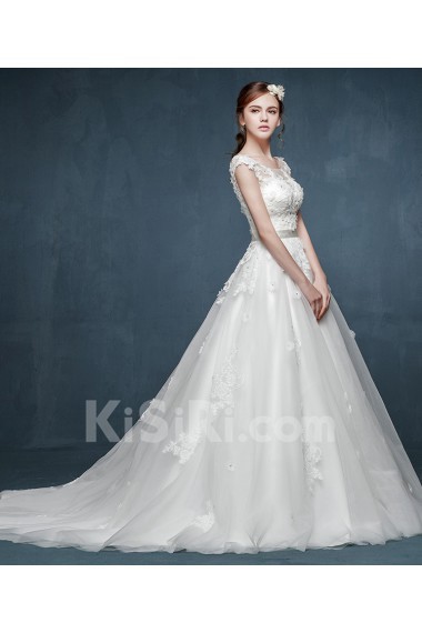 Tulle, Lace, Satin Scoop Chapel Train Cap Sleeve A-line Dress with Handmade Flowers, Sash