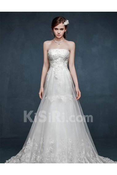 Tulle, Lace, Satin Strapless Sweep Train Sleeveless A-line Dress with Rhinestone