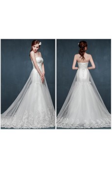 Tulle, Lace, Satin Strapless Sweep Train Sleeveless A-line Dress with Rhinestone