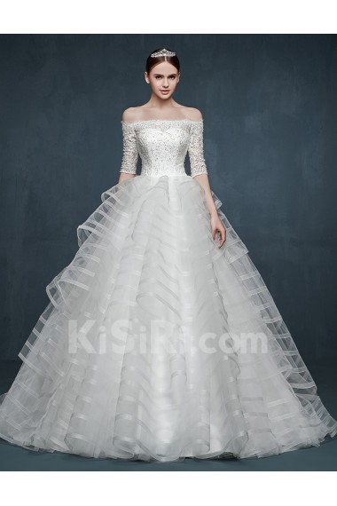 Lace, Satin Off-the-Shoulder Sweep Train Half Sleeve Ball Gown Dress with Rhinestone