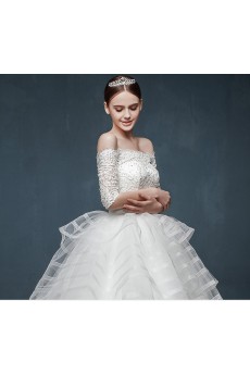 Lace, Satin Off-the-Shoulder Sweep Train Half Sleeve Ball Gown Dress with Rhinestone