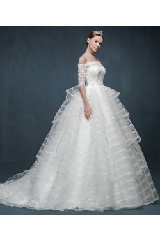 Lace, Satin Off-the-Shoulder Sweep Train Half Sleeve Ball Gown Dress with Rhinestone