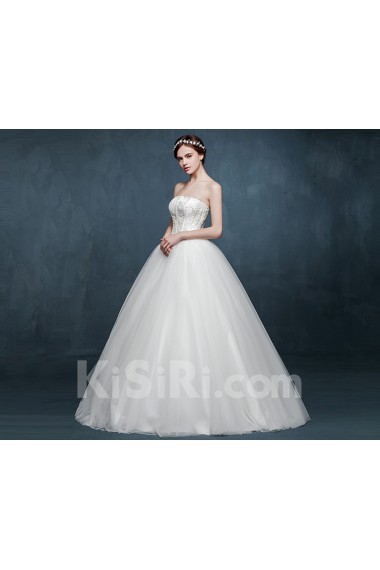 Tulle, Lace, Satin Strapless Floor Length Sleeveless Ball Gown Dress with Beads