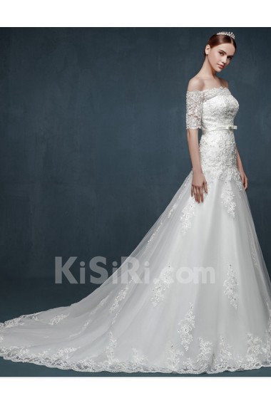 Tulle, Lace, Satin Off-the-Shoulder Chapel Train Half Sleeve A-line Dress with Applique, Bow, Rhinestone