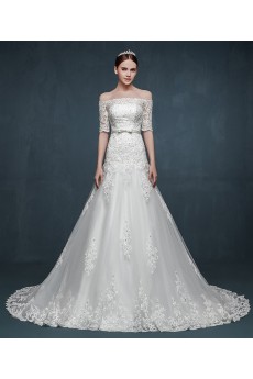 Tulle, Lace, Satin Off-the-Shoulder Chapel Train Half Sleeve A-line Dress with Applique, Bow, Rhinestone