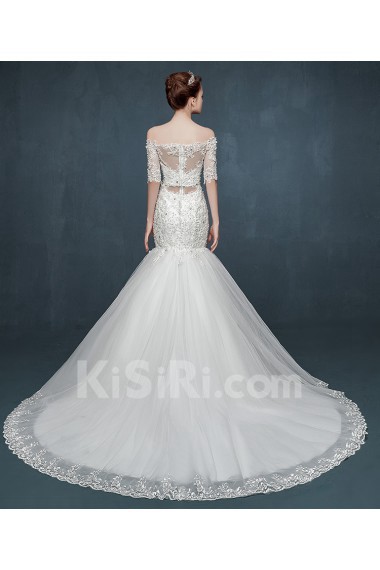 Tulle, Lace, Satin Off-the-Shoulder Chapel Train Half Sleeve Mermaid Dress with Rhinestone