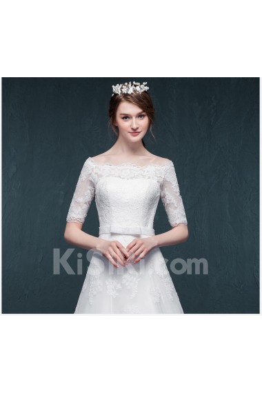 Lace, Tulle, Satin Off-the-Shoulder Chapel Train Half Sleeve A-line Dress with Sash, Bow