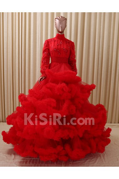 Tulle, Satin High Collar Floor Length Long Sleeve Ball Gown Dress with Rhinestone