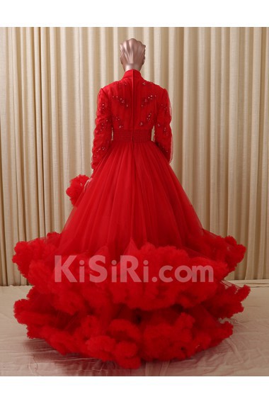 Tulle, Satin High Collar Floor Length Long Sleeve Ball Gown Dress with Rhinestone