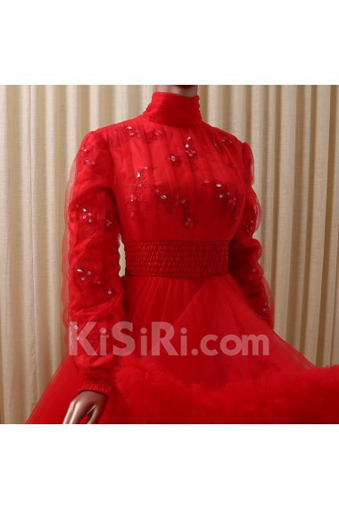 Tulle, Satin High Collar Floor Length Long Sleeve Ball Gown Dress with Rhinestone