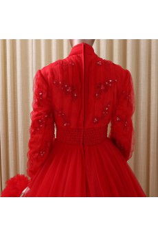 Tulle, Satin High Collar Floor Length Long Sleeve Ball Gown Dress with Rhinestone