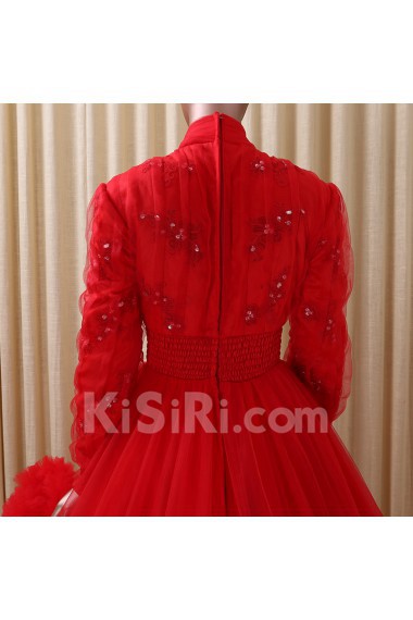 Tulle, Satin High Collar Floor Length Long Sleeve Ball Gown Dress with Rhinestone