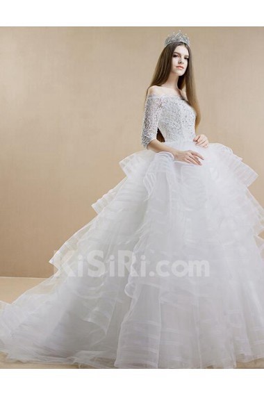 Lace, Satin Off-the-Shoulder Sweep Train Half Sleeve Ball Gown Dress with Rhinestone