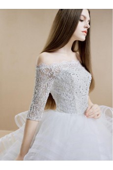 Lace, Satin Off-the-Shoulder Sweep Train Half Sleeve Ball Gown Dress with Rhinestone