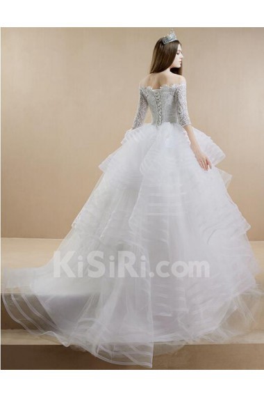 Lace, Satin Off-the-Shoulder Sweep Train Half Sleeve Ball Gown Dress with Rhinestone